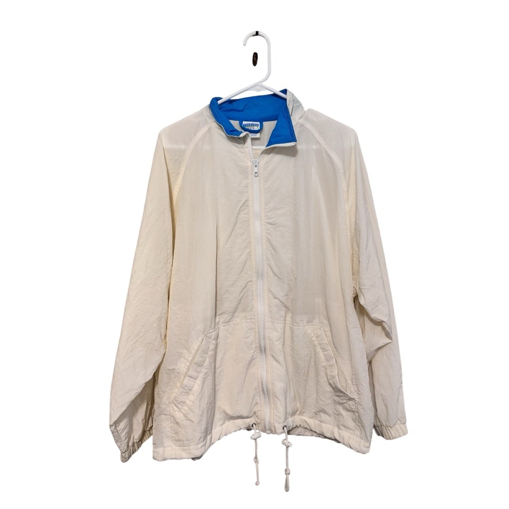 Cheetah Womens Windbreaker Jacket Size L Vintage Cream Blue Zip Up Sporty Retro